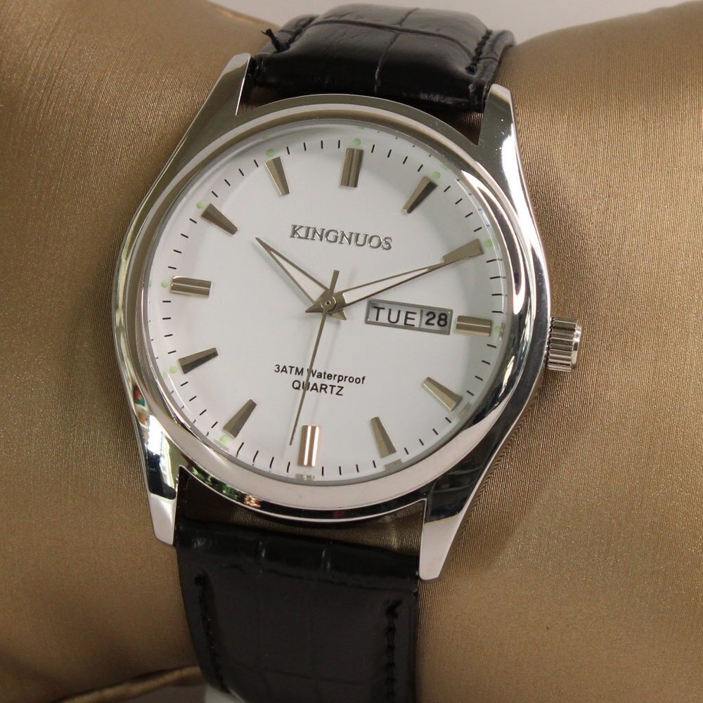 Men's Contemporary Dress Watch Silver Case Black Leather Watch Strap 40mm - Picture 13 of 13